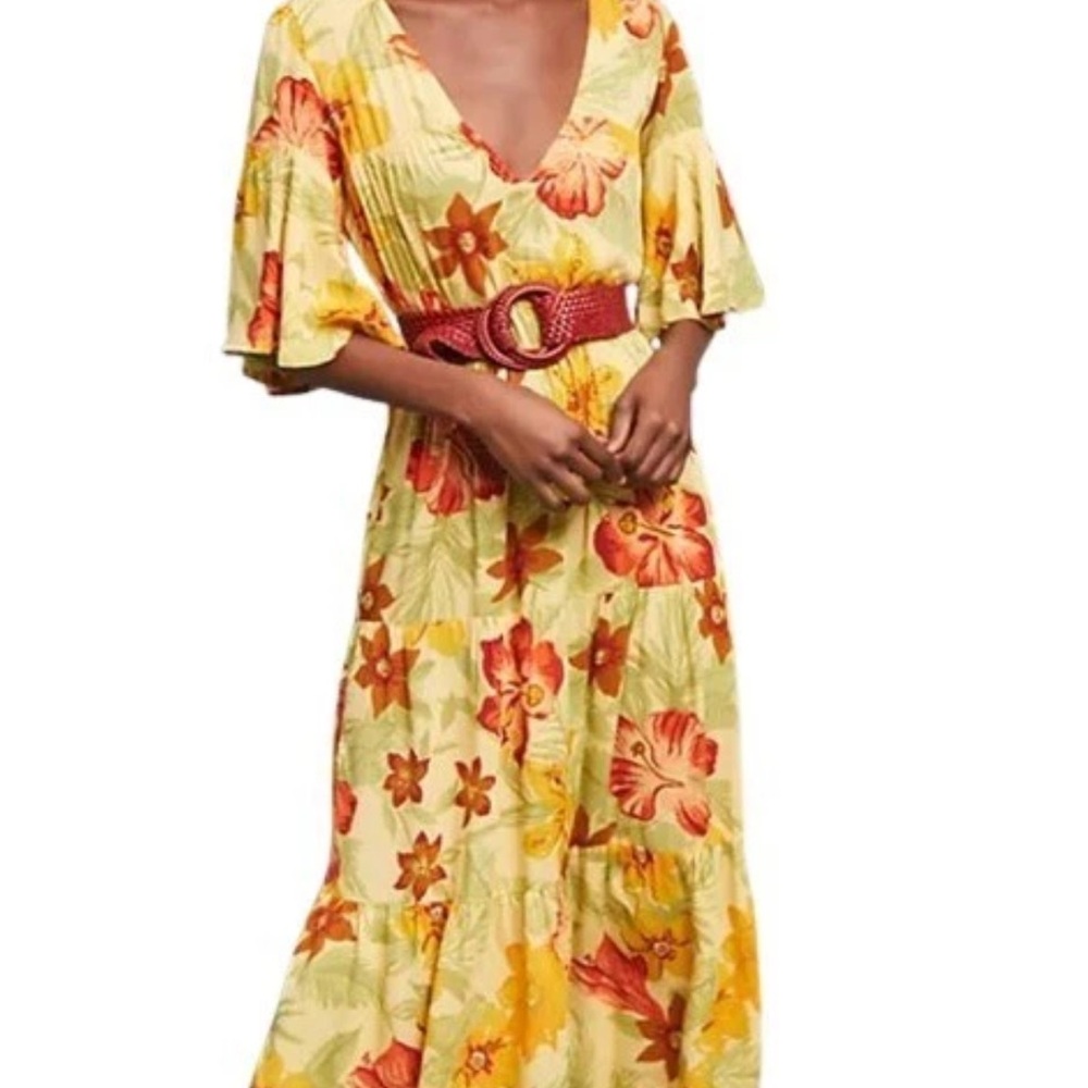 Faithfull The Brand Midi Dress Women’s Medium Floral Yellow Meila Tiered